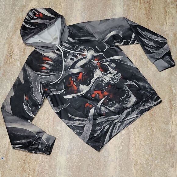 DEVIN DU - GRAPHIC PRINTED SKULL POLY HOODIE SIZE LARGE - Picture 1 of 7